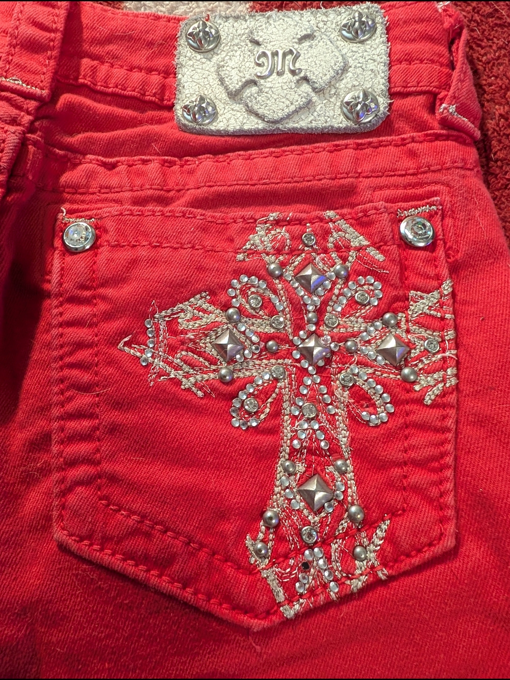 Miss Me Red Embellished Cross Pocket Jeans